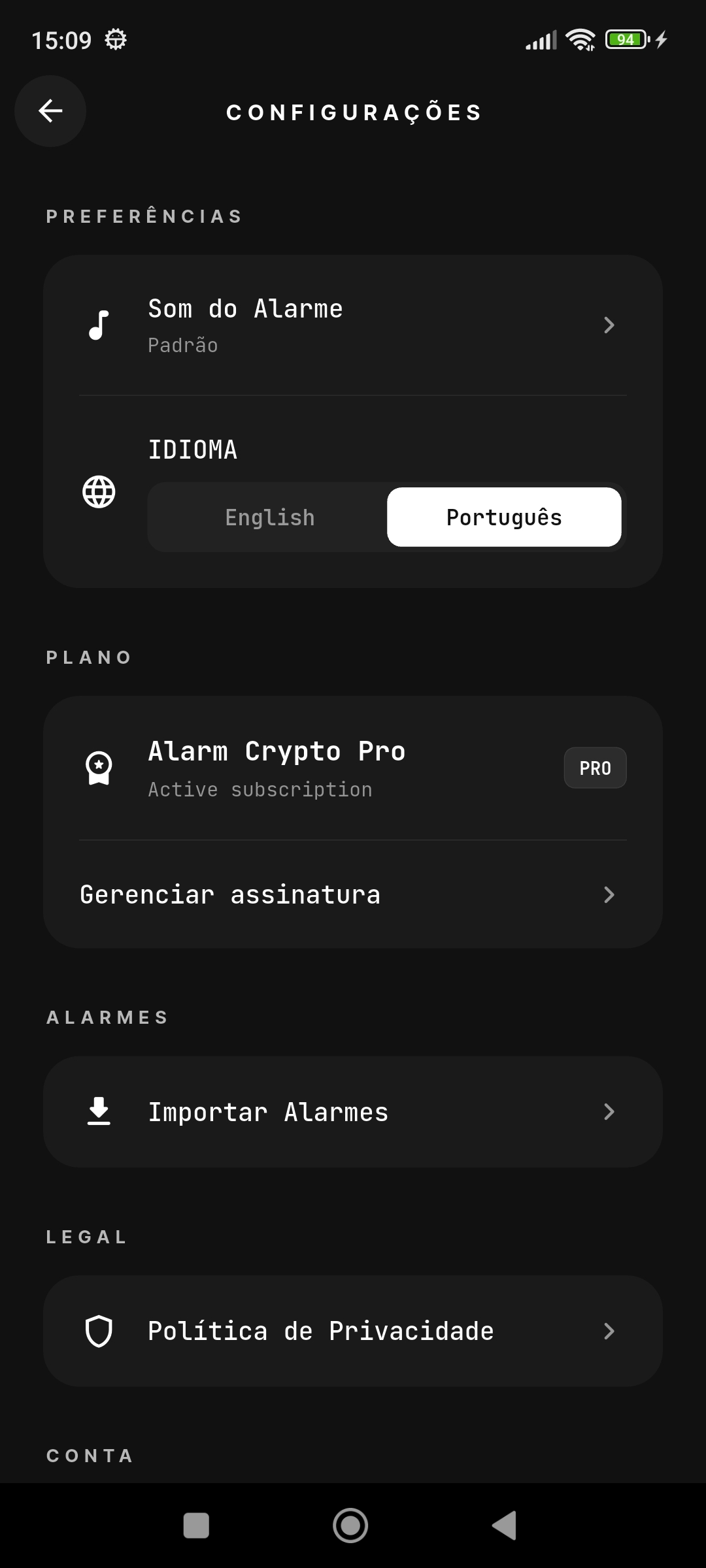 Tela de configurações do Alarm Crypto com a opção Importar Alarmes