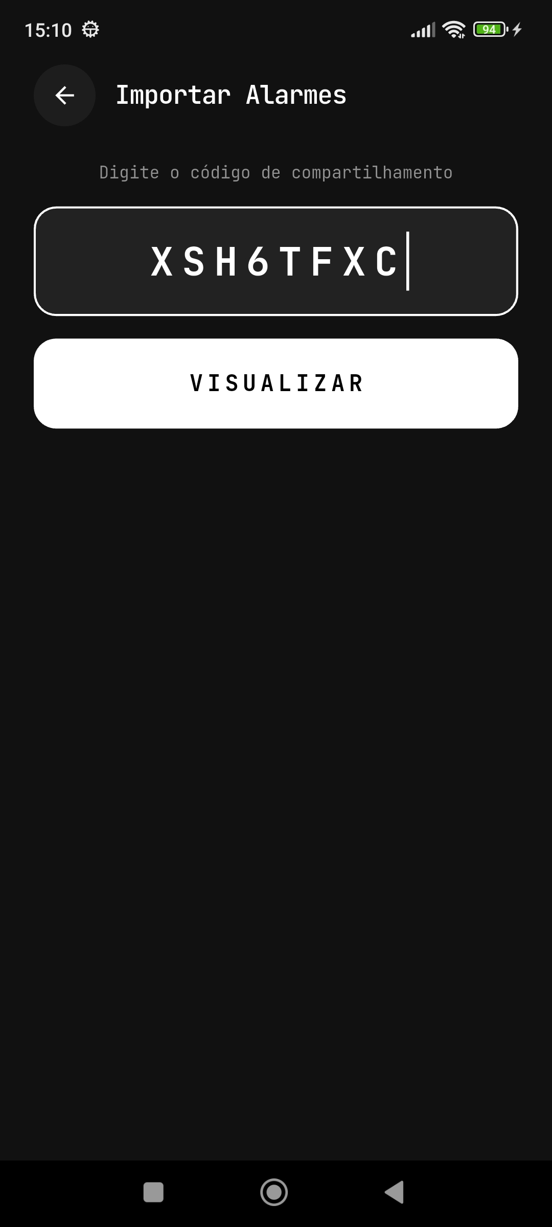 Código de importação digitado no campo de texto