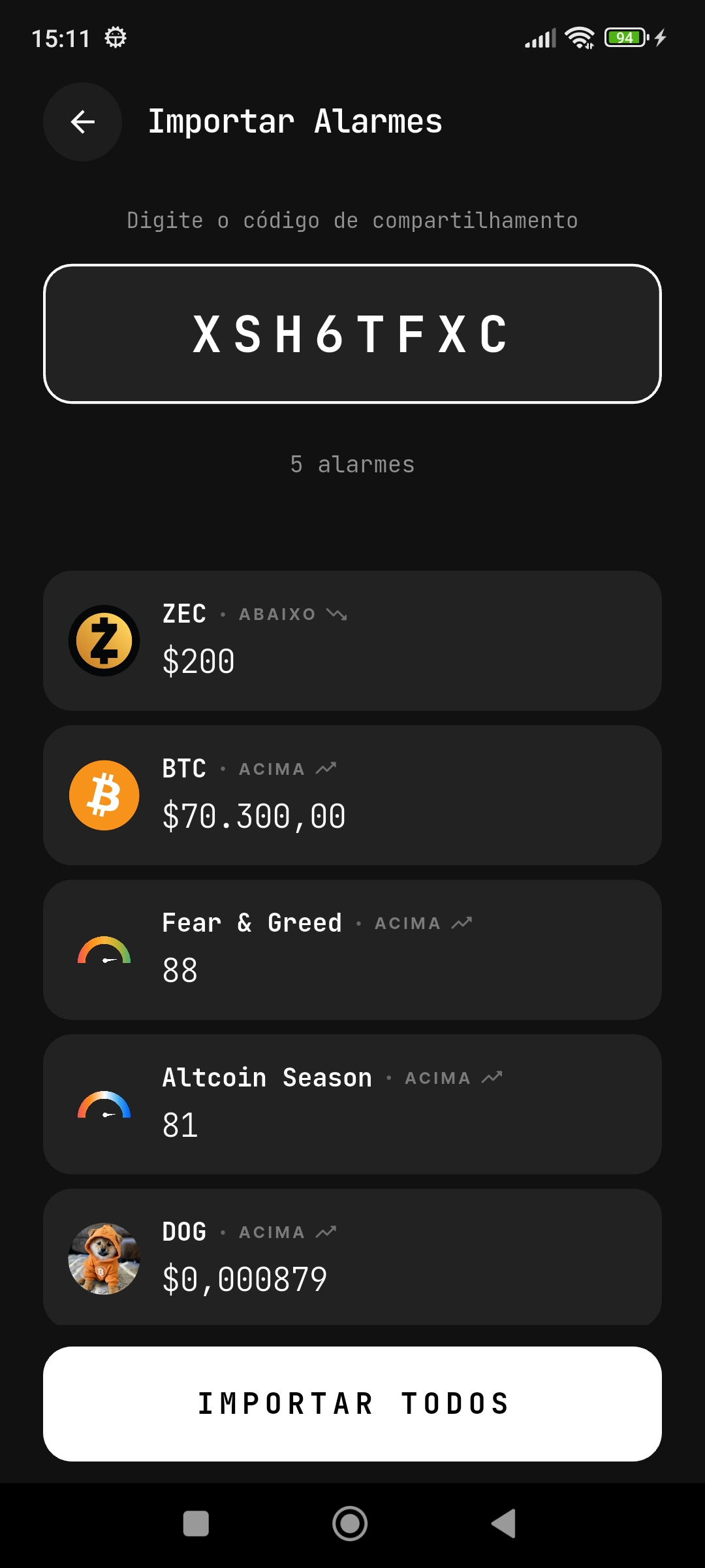 Pré-visualização dos alarmes com detalhes de cada ativo antes de importar