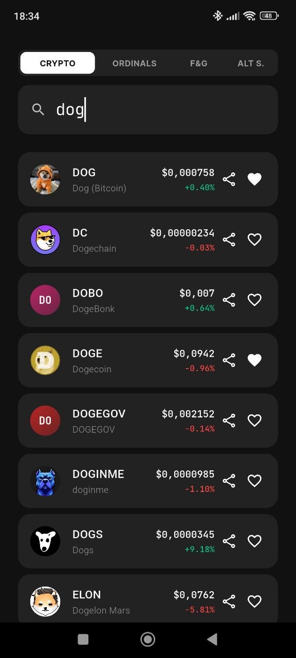 Tela de busca de criptomoedas no Alarm Crypto