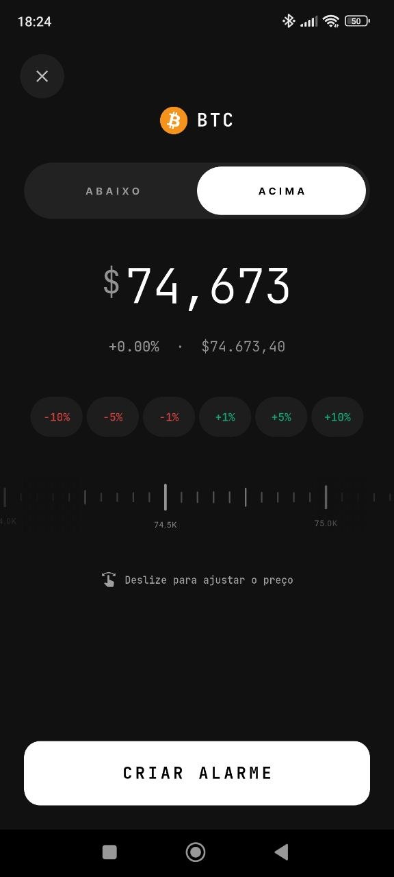 Tela de criação de alarme de preço no Alarm Crypto